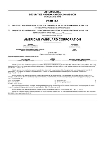 Miniature American Vanguard 10-Q Rapport trimestriel 2019 