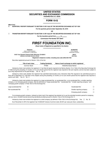Thumbnail First Foundation
 10-Q Quarterly Report FY2019 