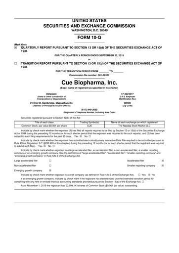 Miniature Cue Biopharma 10-Q Rapport trimestriel 2019 