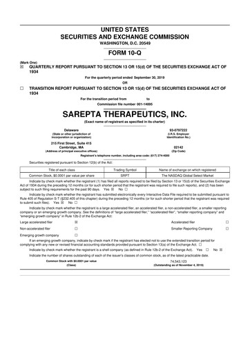 Thumbnail Sarepta Therapeutics
 10-Q Quarterly Report FY2019 