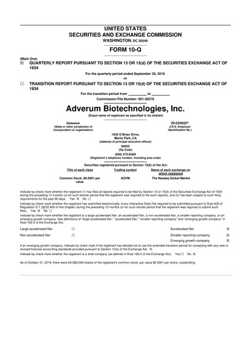 Thumbnail Adverum Biotechnologies
 10-Q Quarterly Report FY2019 