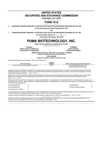 Miniature Puma Biotechnology 10-Q Rapport trimestriel 2019 