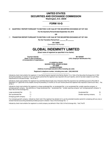 Thumbnail Global Indemnity 10-Q Quarterly Report FY2019 