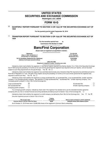 Thumbnail BancFirst 10-Q Quarterly Report FY 