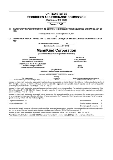 Thumbnail MannKind Corp 10-Q Quarterly Report FY2019 