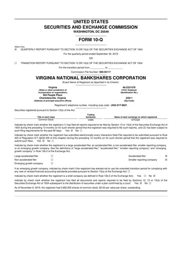 Vorschaubild Virginia National Bankshares 10-Q Quartalsbericht 2019 