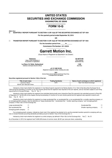 Thumbnail Garrett Motion 10-Q Quarterly Report FY2019 
