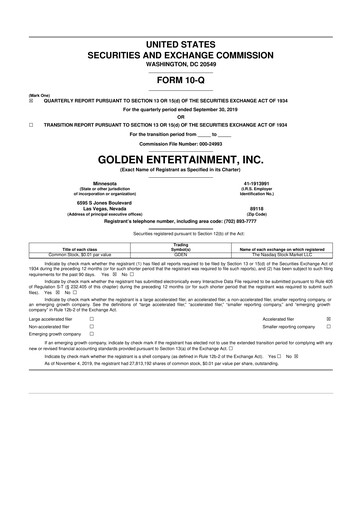 Thumbnail Golden Entertainment
 10-Q Quarterly Report FY2019 