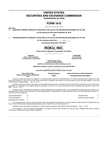 Miniature Roku 10-Q Rapport trimestriel 2019 