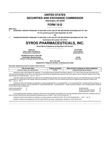 Vorschaubild Syros Pharmaceuticals
 10-Q Quartalsbericht 2019 