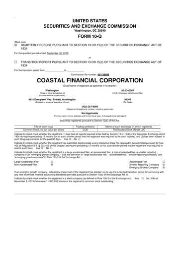 Thumbnail Coastal Financial Corporation 10-Q Quarterly Report FY2019 