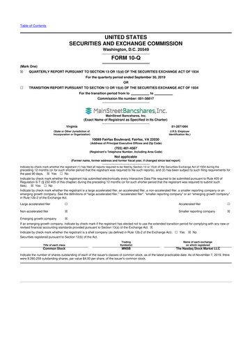 Thumbnail MainStreet Bancshares 10-Q Quarterly Report FY2019 