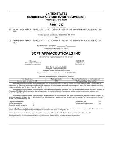 Thumbnail scPharmaceuticals 10-Q Quarterly Report FY2019 