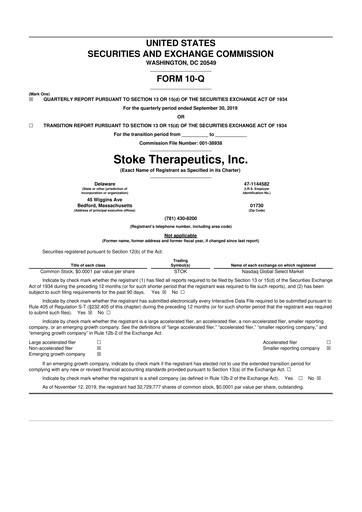 Thumbnail Stoke Therapeutics 10-Q Quarterly Report FY2019 