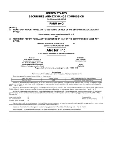 Thumbnail Alector
 10-Q Quarterly Report FY2019 