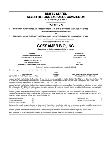 Thumbnail Gossamer Bio 10-Q Quarterly Report FY2019 