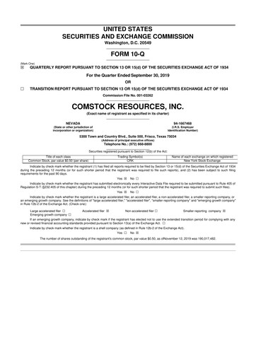 Thumbnail Comstock Resources 10-Q Quarterly Report FY2019 