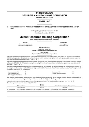 Thumbnail Quest Resource Holding 10-Q Quarterly Report FY2019 