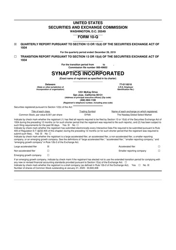 Thumbnail Synaptics 10-Q Quarterly Report FY 