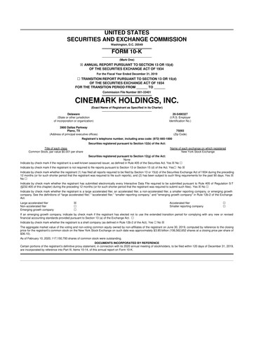 Thumbnail Cinemark Theatres
 10-K Annual Report 2019