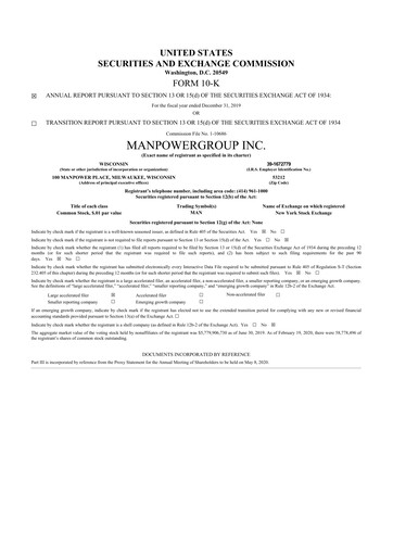 Thumbnail ManpowerGroup 10-K Annual Report 2019