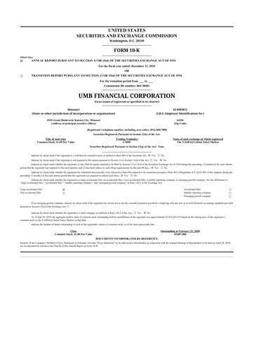 Thumbnail UMB Financial 10-K Annual Report 2019