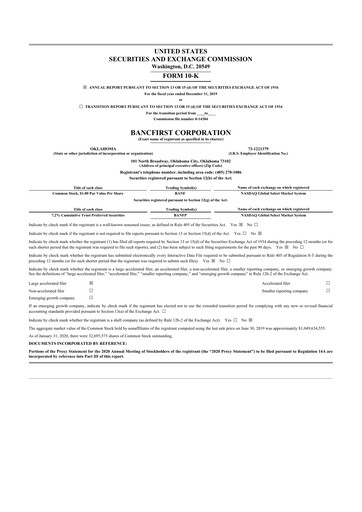 Miniature BancFirst 10-K Rapport annuel 2019