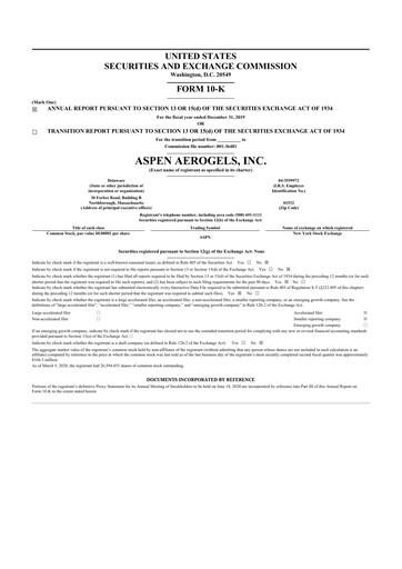 Thumbnail Aspen Aerogels 10-K Annual Report 2019