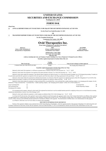 Thumbnail Ovid Therapeutics
 10-K Annual Report 2019