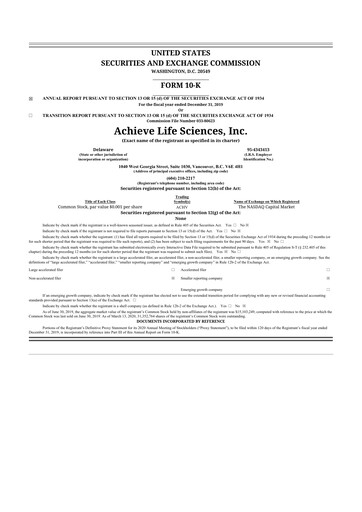 Thumbnail Achieve Life Sciences
 10-K Annual Report 2019