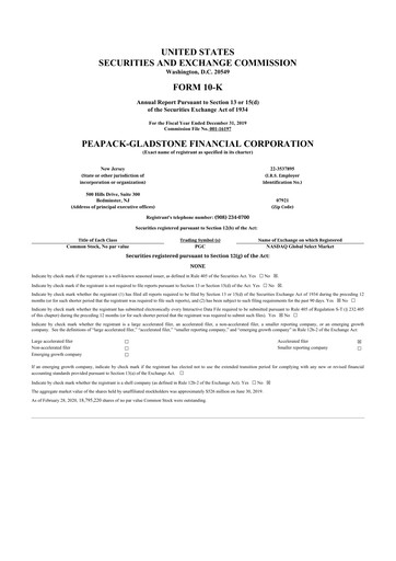 Miniature Peapack-Gladstone Financial 10-K Rapport annuel 2019