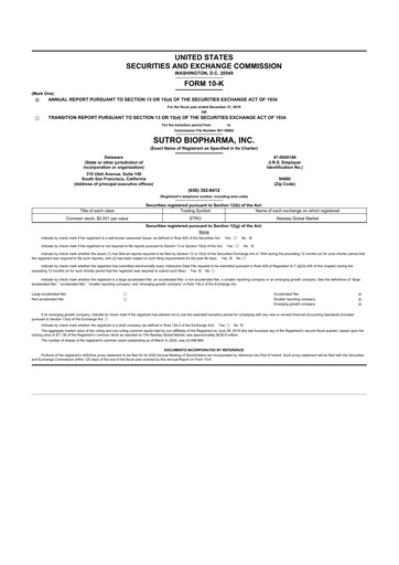 Thumbnail Sutro Biopharma 10-K Annual Report 2019