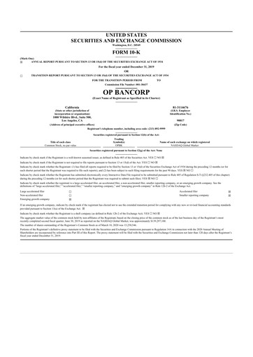 Thumbnail OP Bancorp (Open Bank) 10-K Annual Report 2019