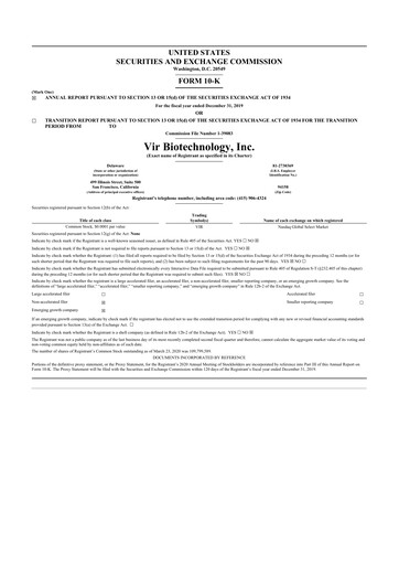 Miniature Vir Biotechnology
 10-K Rapport annuel 2019