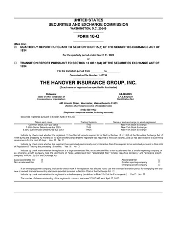 Thumbnail Hanover Insurance Group 10-Q Quarterly Report FY2020 