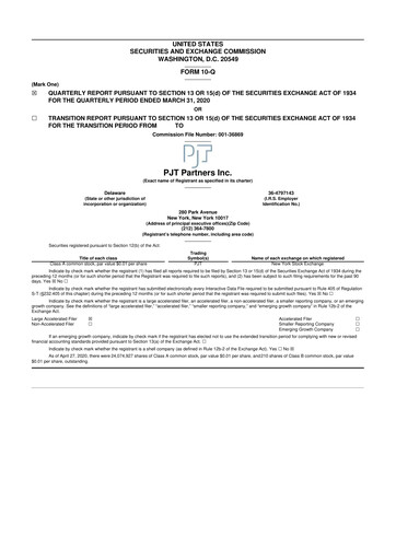 Miniature PJT Partners
 10-Q Rapport trimestriel 2020 