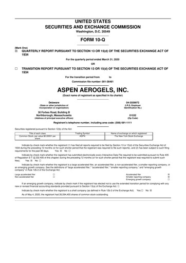 Vorschaubild Aspen Aerogels 10-Q Quartalsbericht 2020 