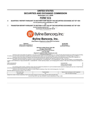 Miniature Byline Bancorp 10-Q Rapport trimestriel 2020 