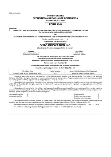 Thumbnail Onto Innovation 10-Q Quarterly Report FY2020 