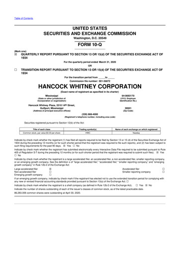 Thumbnail Hancock Whitney 10-Q Quarterly Report FY2020 