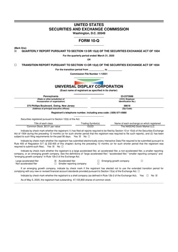 Miniature Universal Display Corporation
 10-Q Rapport trimestriel 2020 