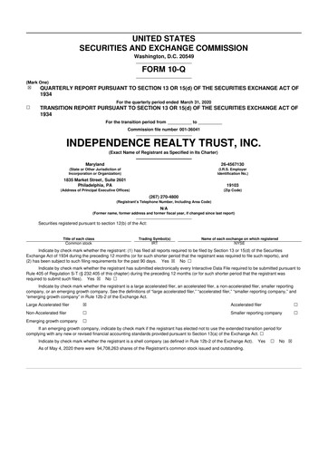 Thumbnail Independence Realty Trust
 10-Q Quarterly Report FY 