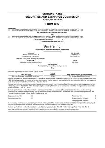 Thumbnail Savara 10-Q Quarterly Report FY2020 