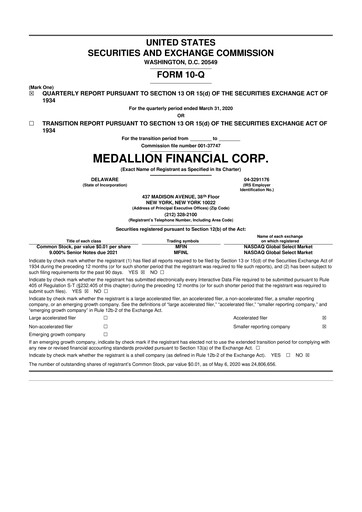 Thumbnail Medallion Financial Corp. 10-Q Quarterly Report FY2020 