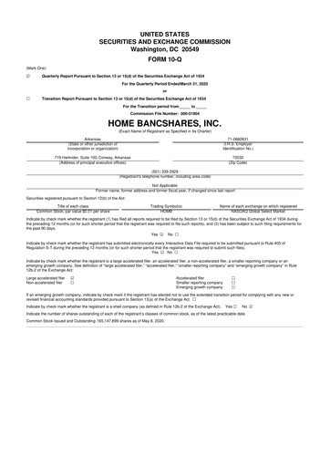 Thumbnail Home BancShares
 10-Q Quarterly Report FY2020 