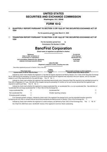 Thumbnail BancFirst 10-Q Quarterly Report FY 