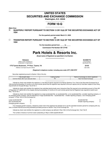 Thumbnail Park Hotels & Resorts

 10-Q Quarterly Report FY2020 