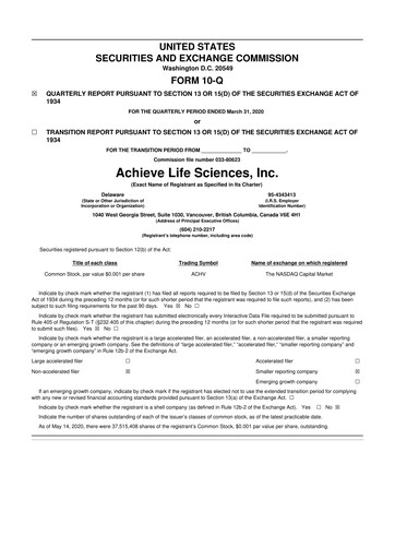 Thumbnail Achieve Life Sciences
 10-Q Quarterly Report FY2020 