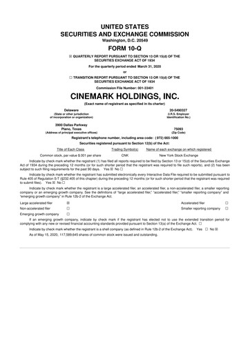 Thumbnail Cinemark Theatres
 10-Q Quarterly Report FY2020 