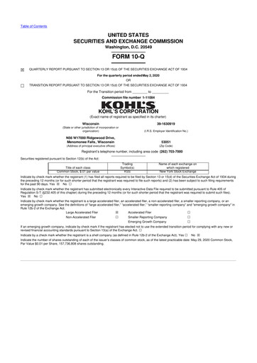 Thumbnail Kohl's
 10-Q Quarterly Report FY2020 